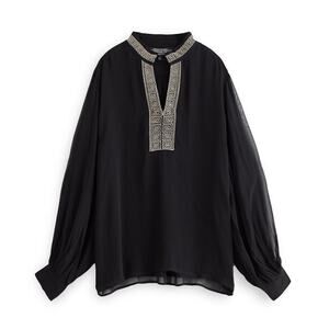 J. PETERMAN Black Embroidered Kurta Top Shirt Blouse Semi-Sheer - Sz XS
